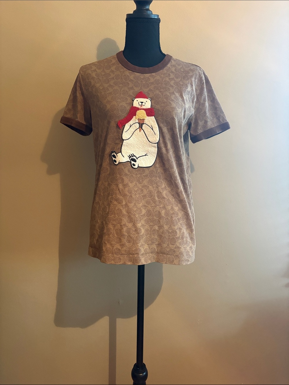 Coach Brown Signature Monogram Tee with Polar Bear Applique